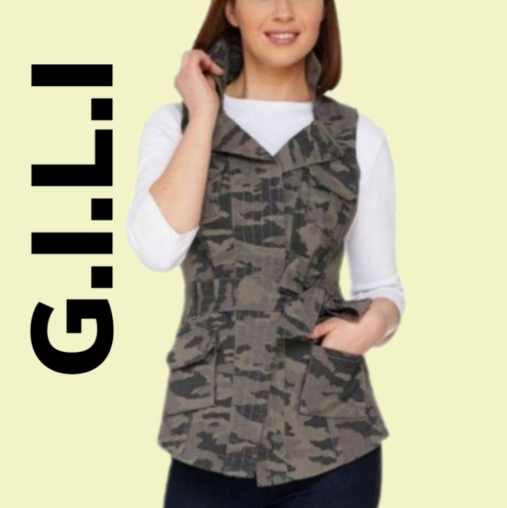 G.I.L.I Gili Camouflage Printed Zip Collar Belted Vest Sz 6